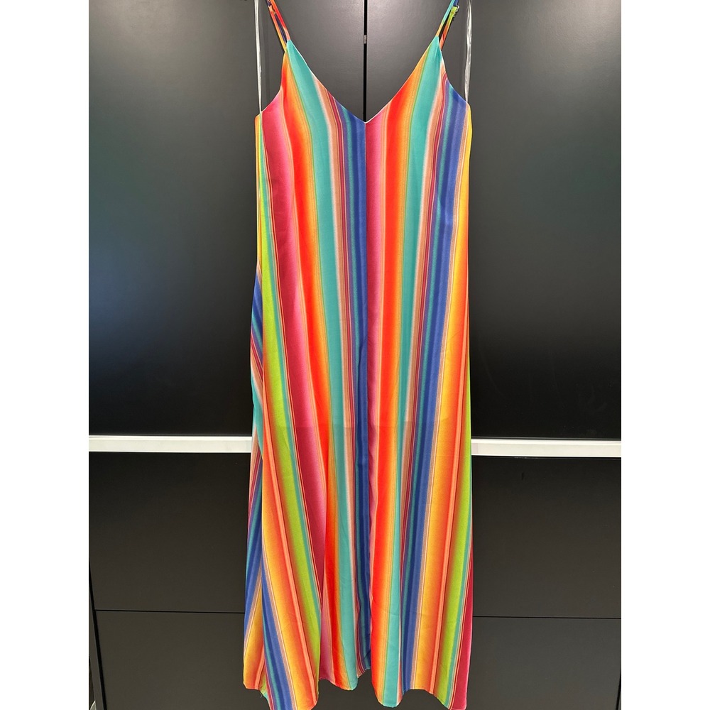 Fantastic Fawn Rainbow Stripe Maxi Dress Small V-Neck Spaghetti Strap Pockets‎